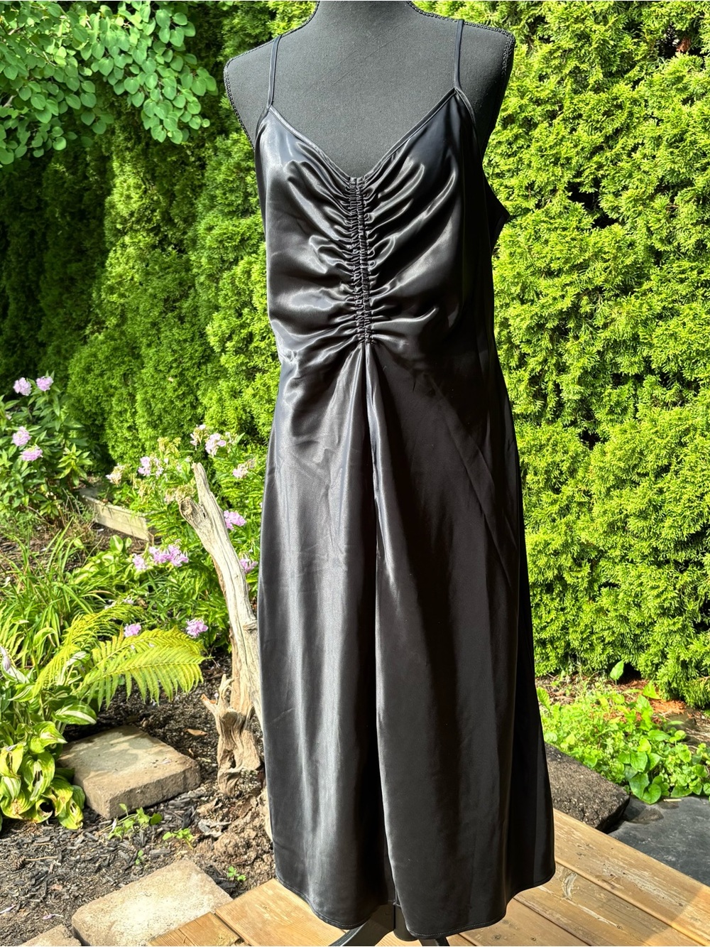 Black Whimisigoth Maxi Dress | Ruched Spaghetti-Strap Slip Dress- Y2K - Size L
